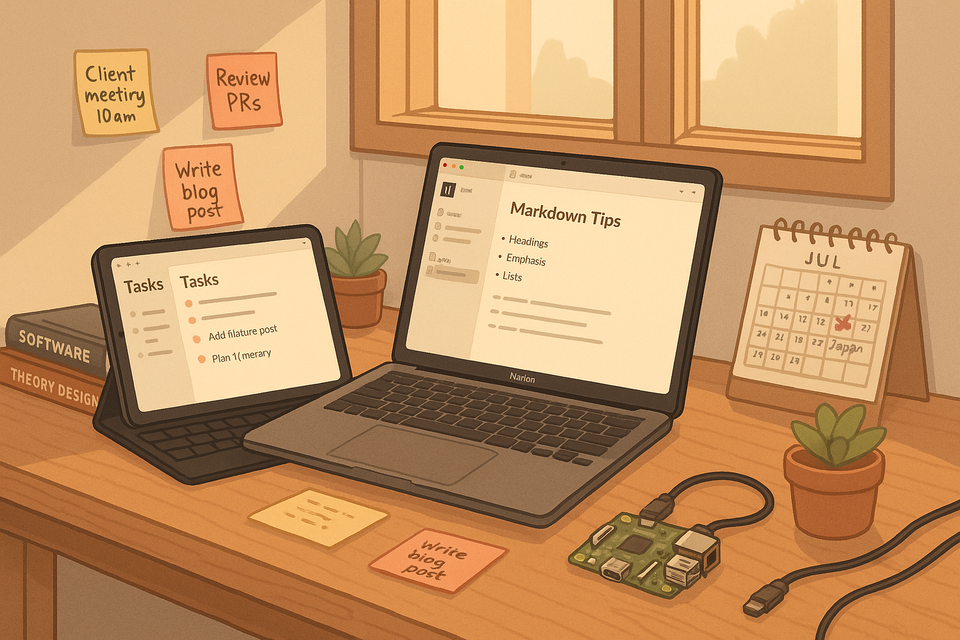 Desk with a tablet, laptop, and calendar.